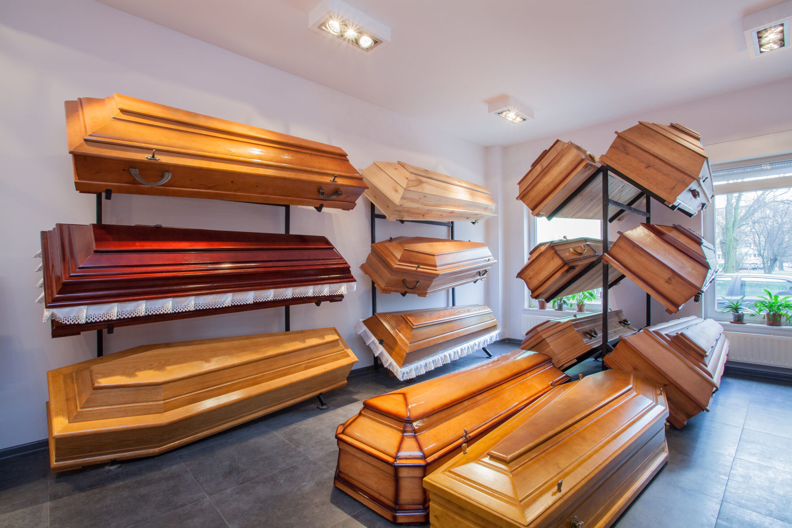 Wooden brown coffins in a funeral home
